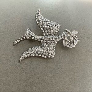 Rhinestone Covered Dove of Peace With Olive Branch Brooch